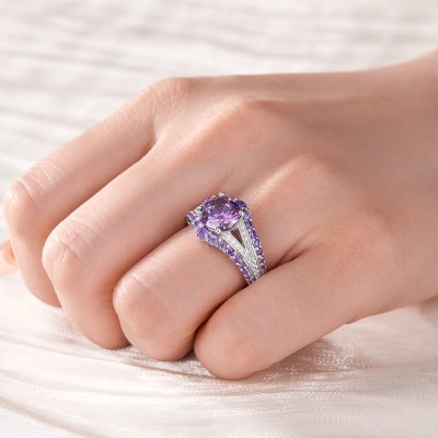 Round Cut Amethyst 925 Sterling Silver Split Shank Engagement Ring