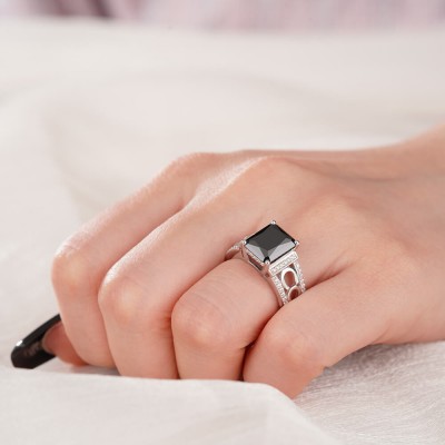 Radiant Cut Black Sapphire 925 Sterling Silver Horseshoe Engagement Ring