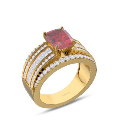 Yellow Gold Cushion Cut Ruby 925 Sterling Silver Engagement Ring
