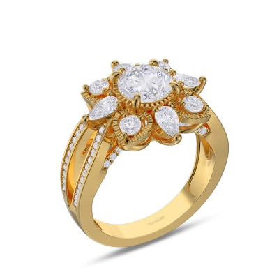 Yellow Gold Round Cut White Sapphire 925 Sterling Silver Flower Ring