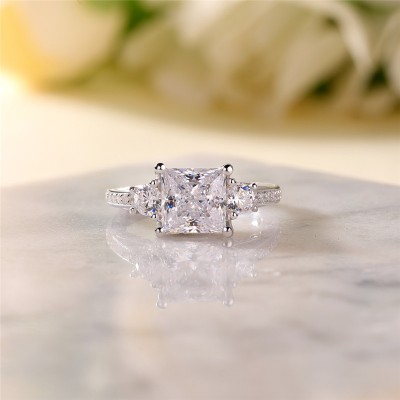 Princess Cut White Sapphire 925 Sterling Silver 3-Stone Engagement Ring