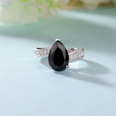 Pear Cut Black Sapphire 925 Sterling Silver Engagement Ring