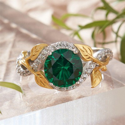 Round Cut Emerald 925 Sterling Silver Two Tone Leaf Engagement Ring