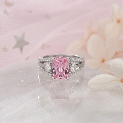 Emerald Cut Pink Sapphire 925 Sterling Silver Engagement Ring