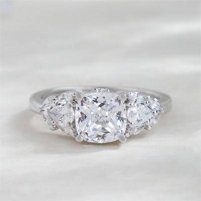 Cushion Cut White Sapphire 925 Sterling Silver 3-Stone Engagement Ring
