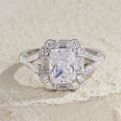Emerald Cut White Sapphire 925 Sterling Silver Halo Engagement Ring