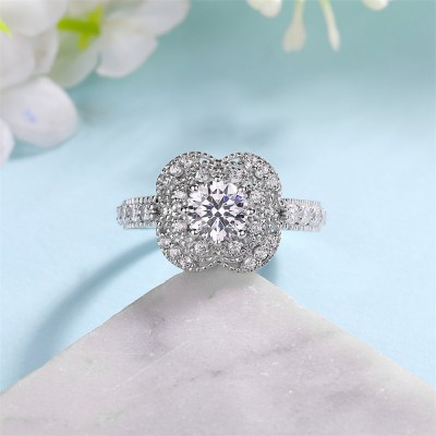 Round Cut White Sapphire 925 Sterling Silver Clover Engagement Ring