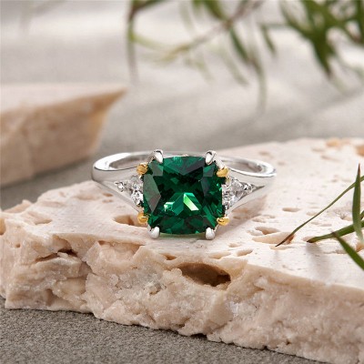 Cushion Cut Emerald 925 Sterling Silver Two Tone Engagement Ring