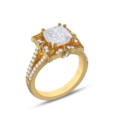 Yellow Gold Cushion Cut White Sapphire 925 Sterling Silver Halo Engagement Ring