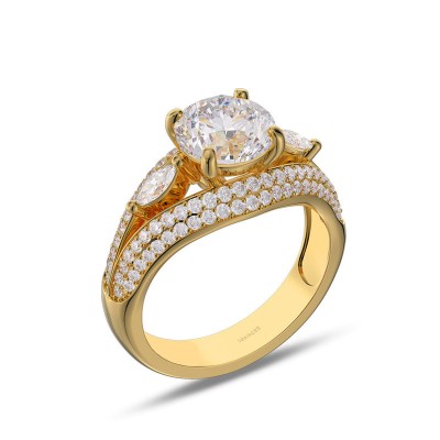 Yellow Gold Round Cut White Sapphire 925 Sterling Silver 3-Stone Engagement Ring