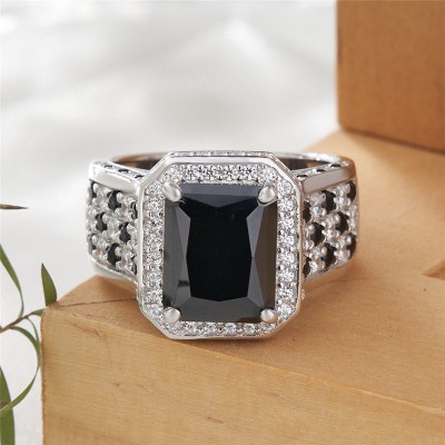 Radiant Cut Black Sapphire 925 Sterling Silver Halo Engagement Ring