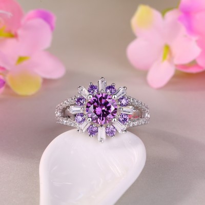 Round Cut Amethyst 925 Sterling Silver Flower Halo Engagement Ring