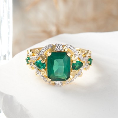 Yellow Gold Vintage Emerald Cut Emerald 925 Sterling Silver Engagement Ring