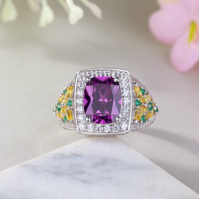 Cushion Cut Amethyst 925 Sterling Silver Halo Butterfly Engagement Ring