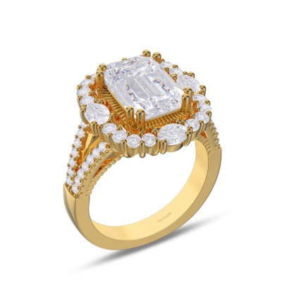 Yellow Gold Vintage Emerald Cut White Sapphire 925 Sterling Silver Halo Engagement Ring