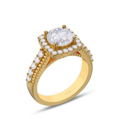 Yellow Gold Round Cut White Sapphire 925 Sterling Silver Halo Engagement Ring