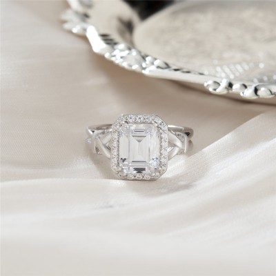 Emerald Cut White Sapphire 925 Sterling Silver Halo Knot Engagement Ring