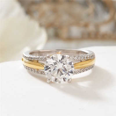 Round Cut White Sapphire 925 Sterling Silver Two Tone Engagement Ring