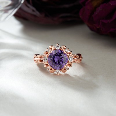Rose Gold Vintage Round Cut Amethyst 925 Sterling Silver Engagement Ring