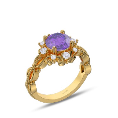 Yellow Gold Vintage Round Cut Amethyst 925 Sterling Silver Engagement Ring