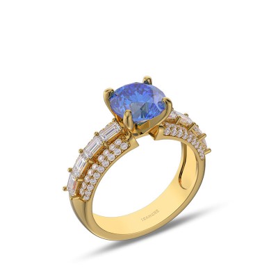 Yellow Gold Round Cut Blue Sapphire 925 Sterling Silver Engagement Ring