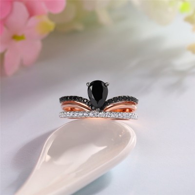 Rose Gold Pear Cut Black Sapphire 925 Sterling Silver Engagement Ring