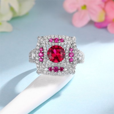 Art Deco Round Cut Ruby 925 Sterling Silver Engagement Ring
