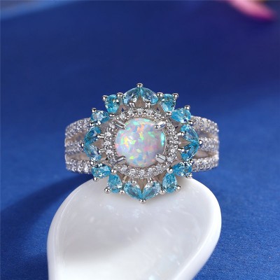 Round Cut Opal 925 Sterling Silver Halo Engagement Ring