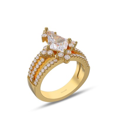 Yellow Gold Kite Cut White Sapphire 925 Sterling Silver Engagement Ring