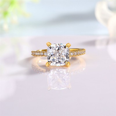 Yellow Gold Cushion Cut White Sapphire 925 Sterling Silver Engagement Ring