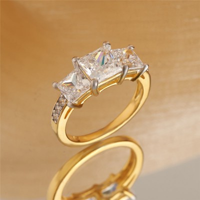 Yellow Gold Princess Cut White Sapphire 925 Sterling Silver 3-Stone Engagement Ring