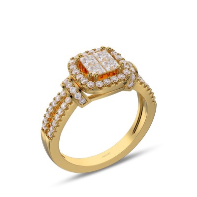 Yellow Gold Princess Cut White Sapphire 925 Sterling Silver Halo Engagement Ring