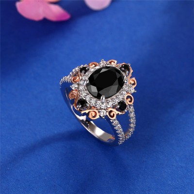 Vintage Oval Cut Black Sapphire 925 Sterling Silver Two Tone Engagement Ring