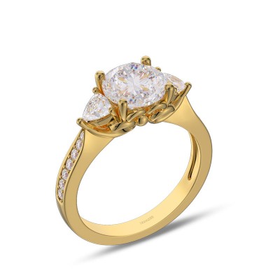 Yellow Gold Round Cut White Sapphire 925 Sterling Silver 3-Stone Engagement Ring