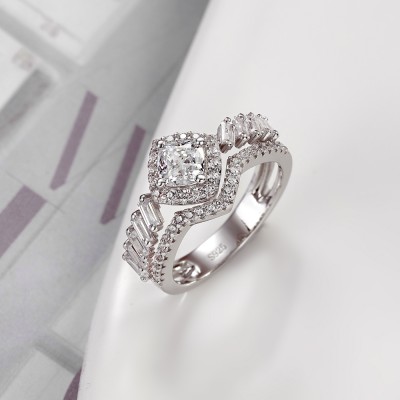 Cushion Cut White Sapphire 925 Sterling Silver Double Layer Halo Engagement Ring