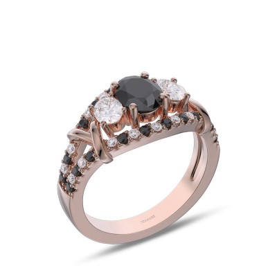 Rose Gold Oval Cut Black Sapphire 925 Sterling Silver 3-Stone Engagement Ring
