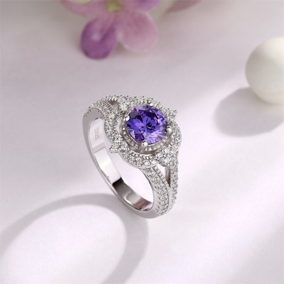 Vintage Round Cut Amethyst 925 Sterling Silver Halo Engagement Ring