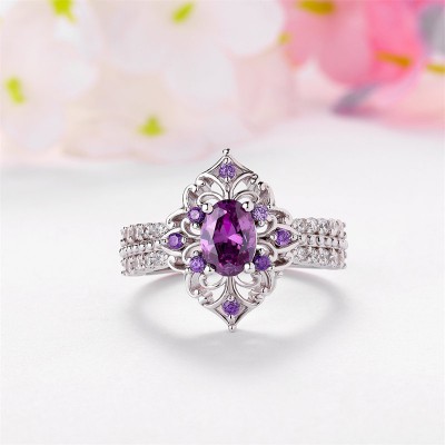 Vintage Oval Cut Amethyst 925 Sterling Silver Engagement Ring