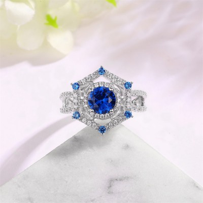 Art Deco Round Cut Blue Sapphire 925 Sterling Silver Halo Engagement Ring