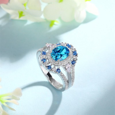 Oval Cut Aquamarine 925 Sterling Silver Halo Engagement Ring