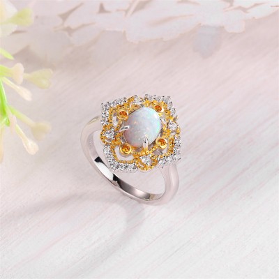 Oval Cut Opal 925 Sterling Silver Two Tone Engagement Ring