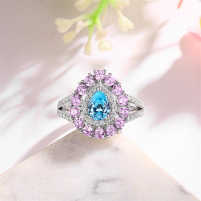 Pear Cut Aquamarine 925 Sterling Silver Pink Double Halo Engagement Ring