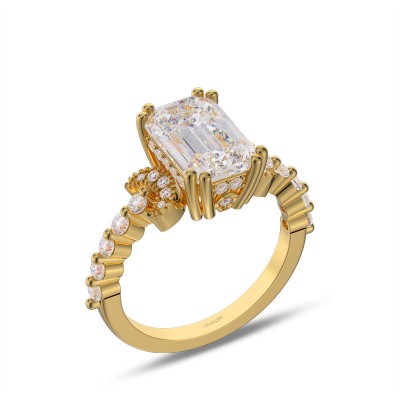 Yellow Gold Emerald Cut White Sapphire 925 Sterling Silver Moon Side Stones Engagement Ring