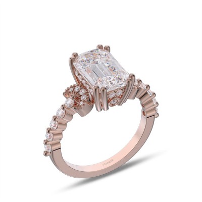 Rose Gold Emerald Cut White Sapphire 925 Sterling Silver Moon Side Stones Engagement Ring