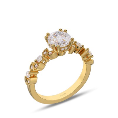 Yellow Gold Round Cut White Sapphire 925 Sterling Silver Leaf Engagement Ring