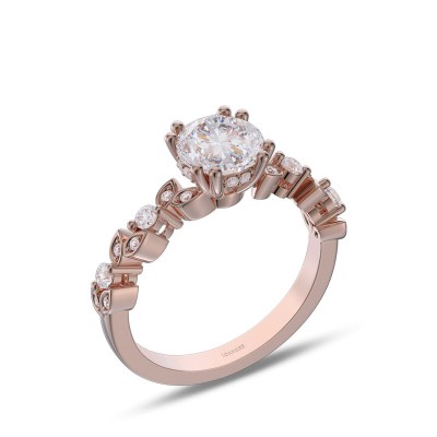 Rose Gold Round Cut White Sapphire 925 Sterling Silver Leaf Engagement Ring