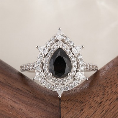 Pear Cut Black Sapphire 925 Sterling Silver Double Halo Engagement Ring