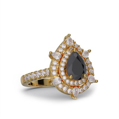 Yellow Gold Pear Cut Black Sapphire 925 Sterling Silver Double Halo Engagement Ring