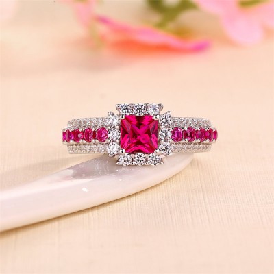 Princess Cut Ruby 925 Sterling Silver Halo Engagement Ring