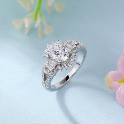 Unique Oval Cut White Sapphire 925 Sterling Silver Engagement Ring